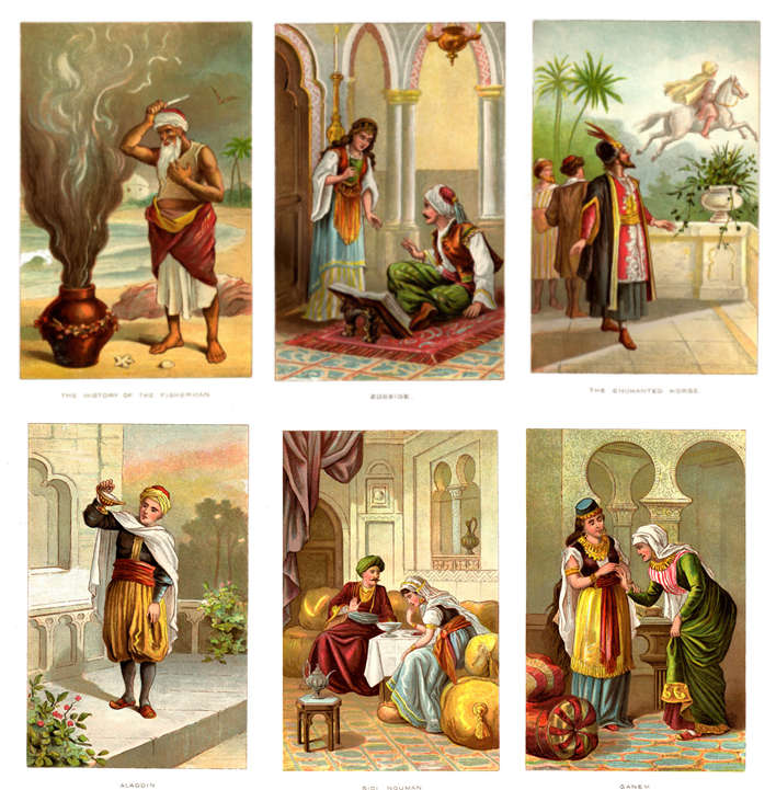 Six color plates from Arabian Nights